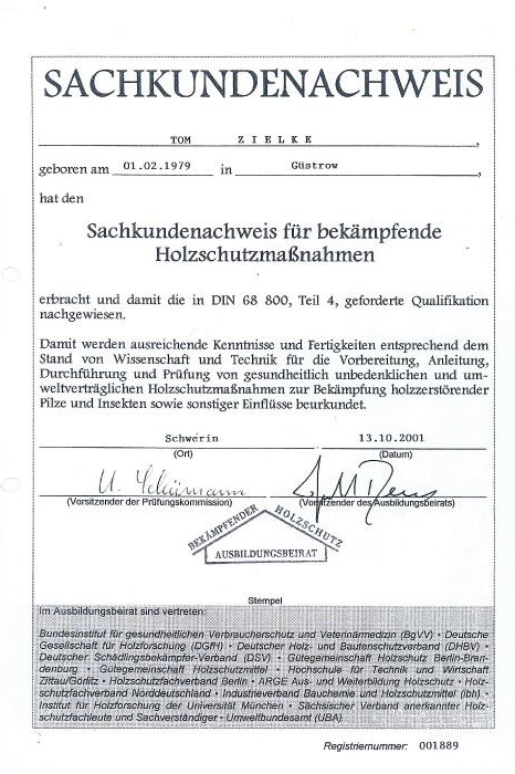 Holzschutzmaßnahmen Zertifikat